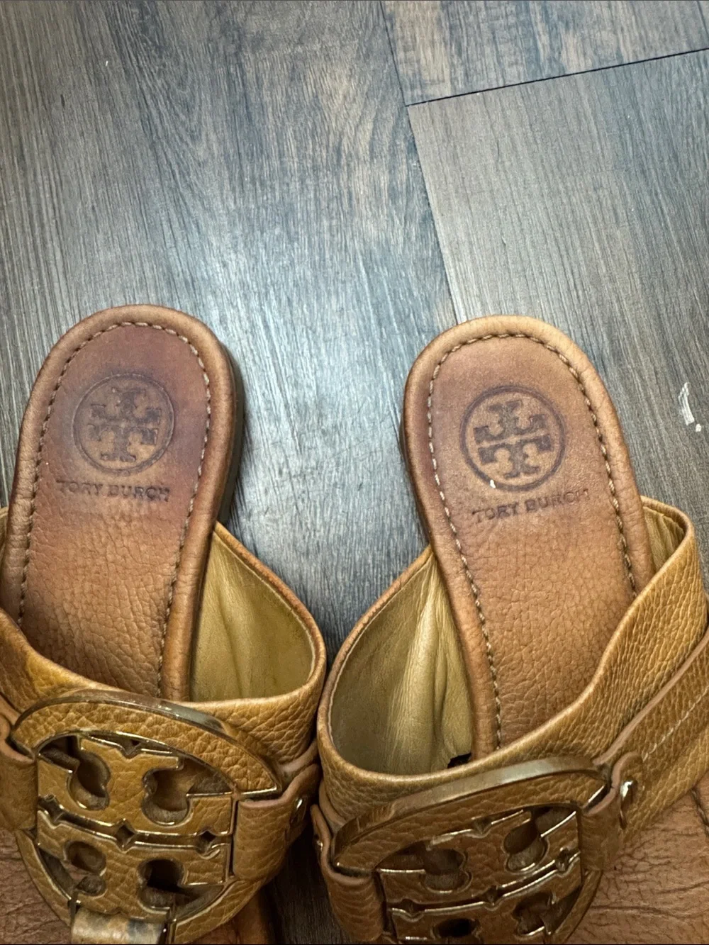 Tory Burch Tan Leather Logo Thong Sandals